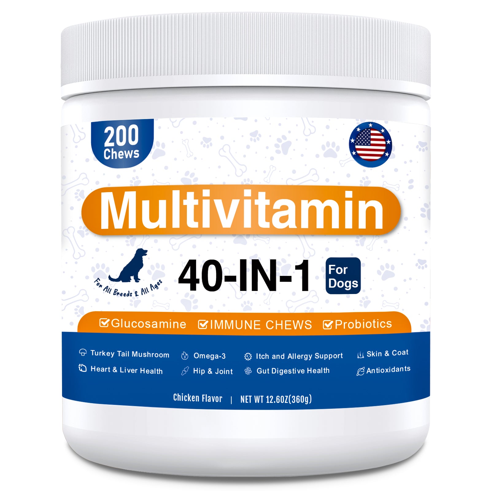ULTIMATE 40-in-1 Multivitamin Chews for Dogs – STOP Allergies, Shedding & Joint Pain! Probiotics + Omega-3 + Glucosamine + Turkey Tail Mushroom – Immune, Skin, Coat, Heart, Liver, Gut, Hip & Joint Support – 200 Chews, Chicken Flavor