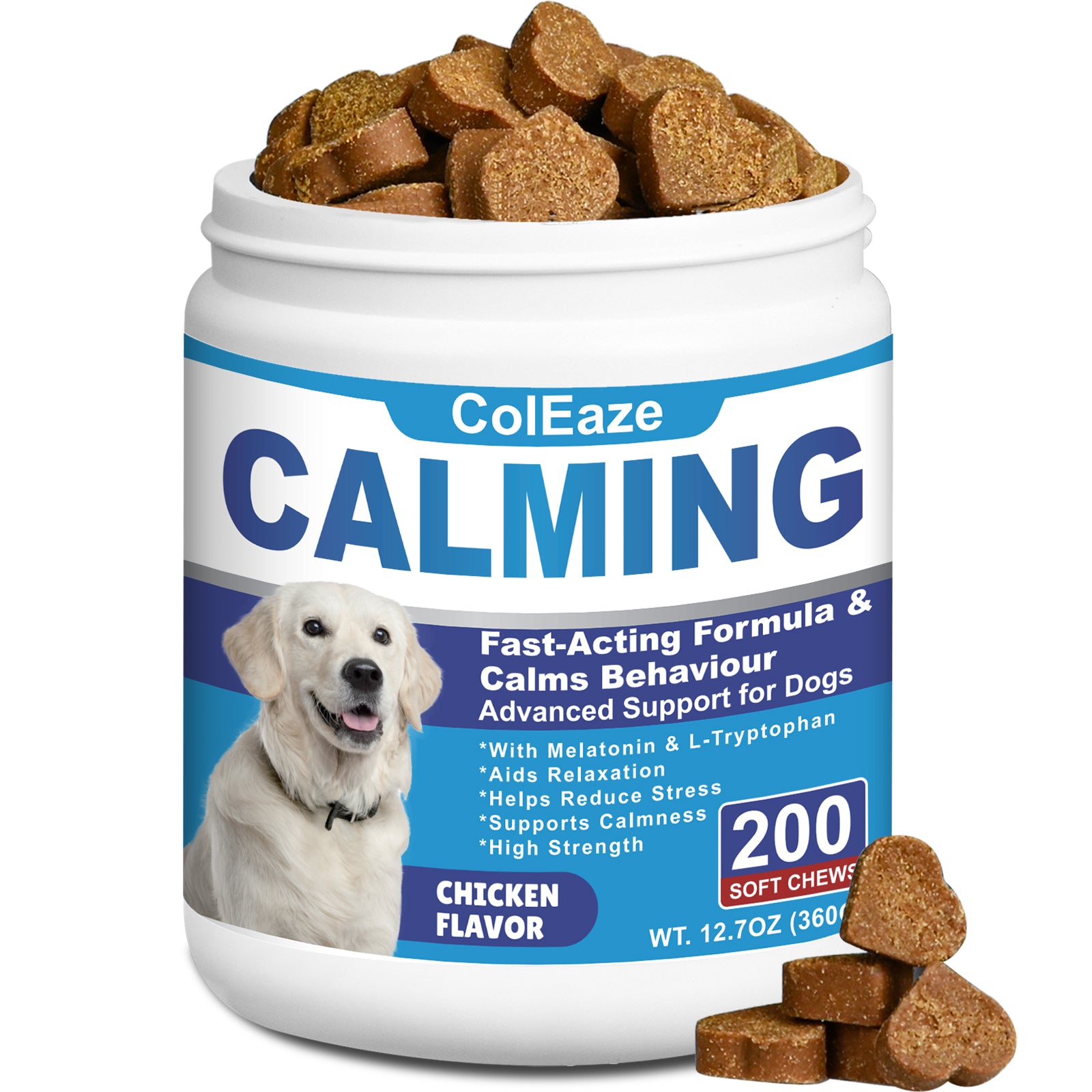 ColEaze Calming Chews for dogs – 200 Soft Chews of Nuclear Chill. Fast-Acting Melatonin + L-Tryptophan + 10 Natural Calming Agents. Destroys Anxiety from Fireworks, Thunder, Separation & Vet Visits. Zero Grain, Zero Sugar, Zero Weakness