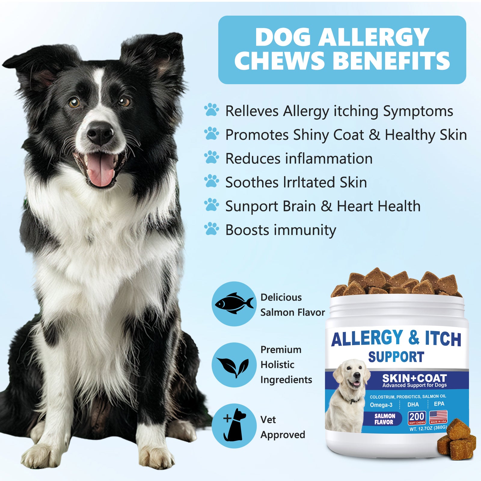 Allergy Chews for Dogs – Ultimate Itch Relief for Skin Allergies, Licking Paws, Hot Spots, Itchy Ears & Seasonal Allergies – Colostrum + Salmon Oil + Probiotics + Omega-3 – Vet-Formulated Anti-Itch Bites – All Breeds & Ages, Salmon Flavor, 200 Count