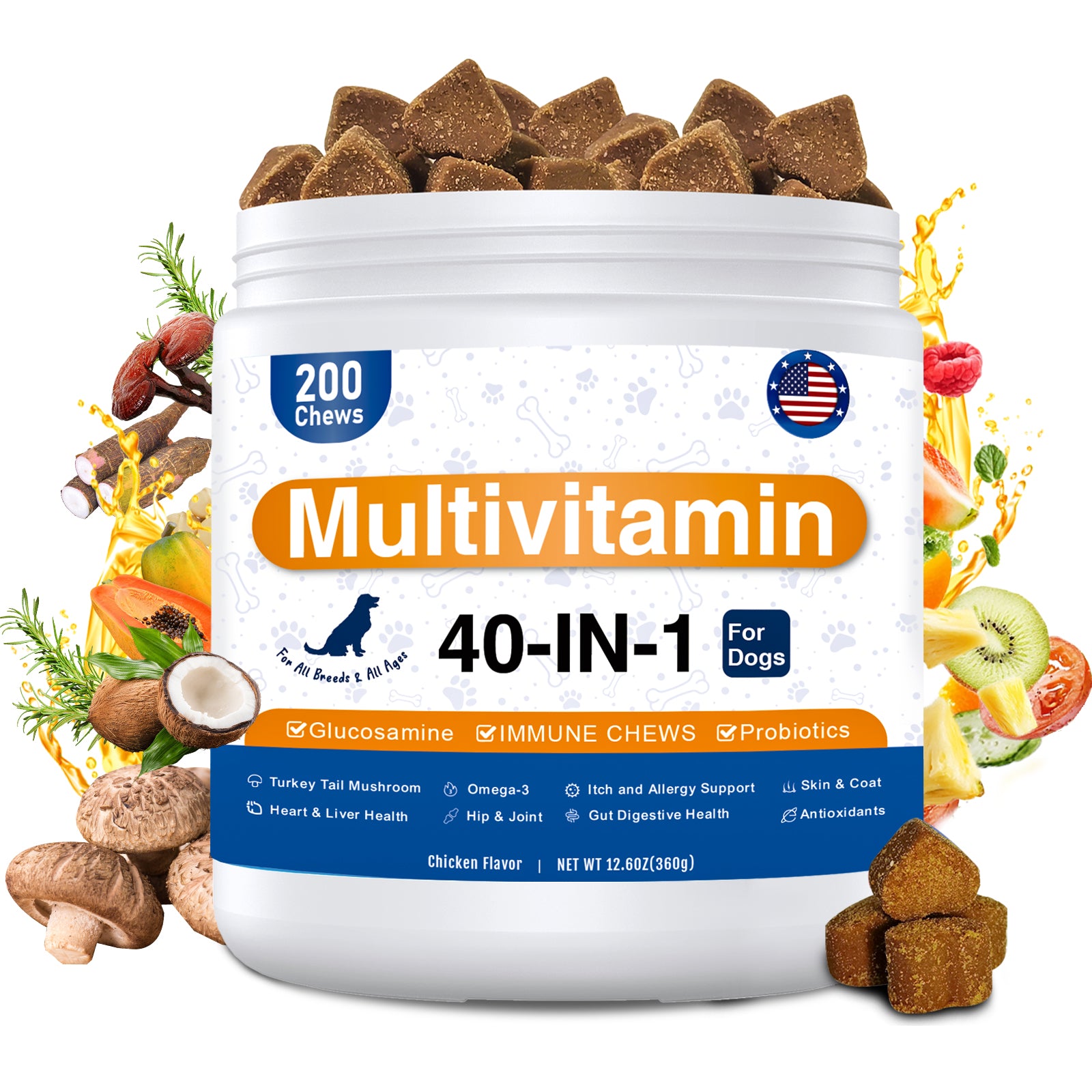 ULTIMATE 40-in-1 Multivitamin Chews for Dogs – STOP Allergies, Shedding & Joint Pain! Probiotics + Omega-3 + Glucosamine + Turkey Tail Mushroom – Immune, Skin, Coat, Heart, Liver, Gut, Hip & Joint Support – 200 Chews, Chicken Flavor