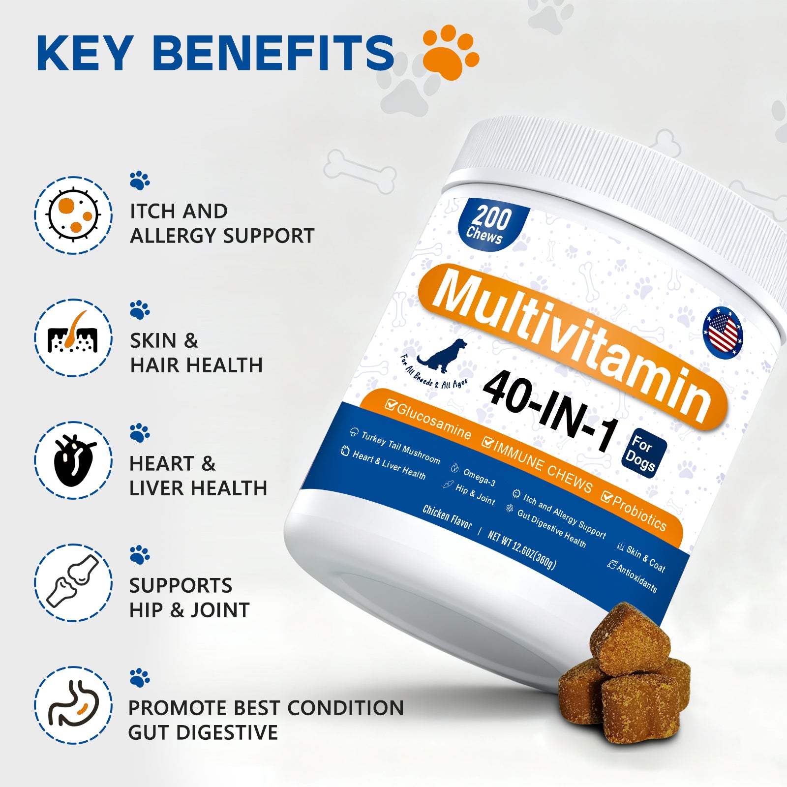ULTIMATE 40-in-1 Multivitamin Chews for Dogs – STOP Allergies, Shedding & Joint Pain! Probiotics + Omega-3 + Glucosamine + Turkey Tail Mushroom – Immune, Skin, Coat, Heart, Liver, Gut, Hip & Joint Support – 200 Chews, Chicken Flavor