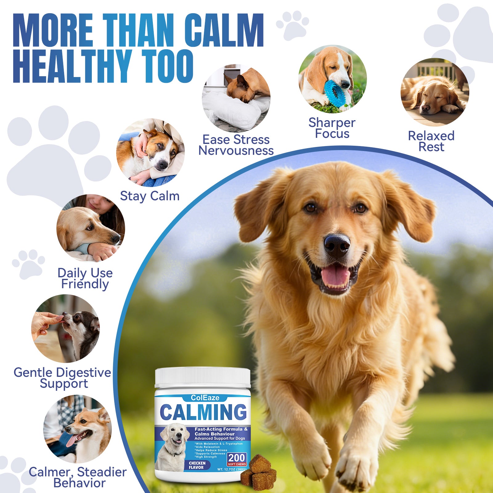 ColEaze Calming Chews for dogs – 200 Soft Chews of Nuclear Chill. Fast-Acting Melatonin + L-Tryptophan + 10 Natural Calming Agents. Destroys Anxiety from Fireworks, Thunder, Separation & Vet Visits. Zero Grain, Zero Sugar, Zero Weakness