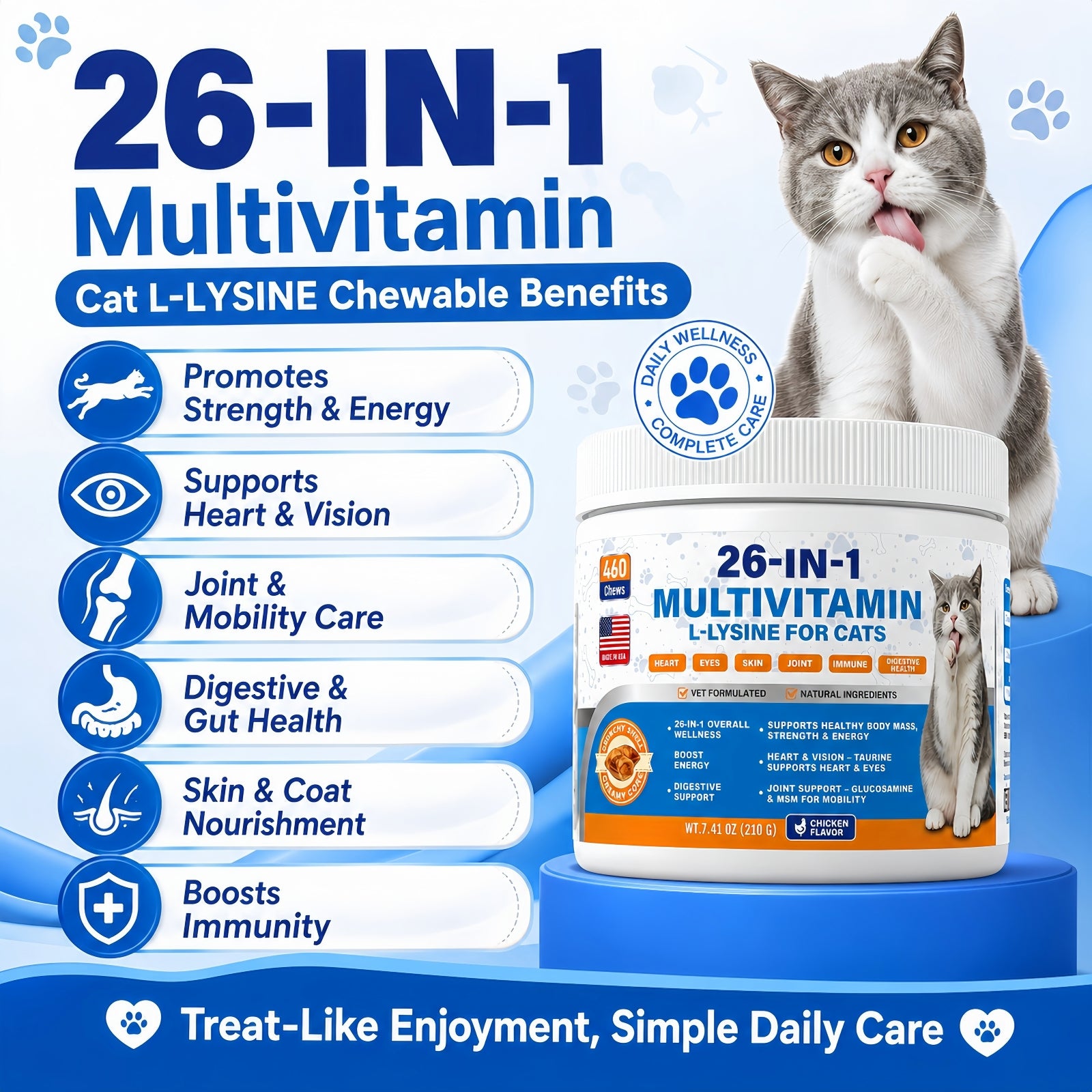 Cat Multivitamin Chews 26-in-1 Lysine & Taurine for Cats with Turmeric MSM Glucosamine, Omega Support Immune, Skin, Joint, Heart,Eyes, Cat Vitamis and Supplements for All Ages & Breeds