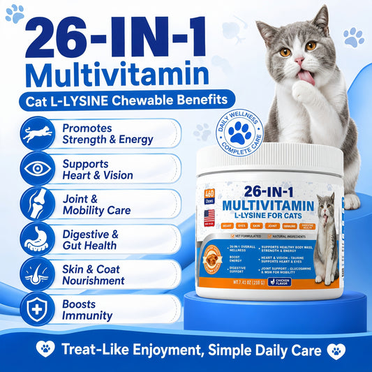 Cat Multivitamin Chews 26-in-1 Lysine & Taurine for Cats with Turmeric MSM Glucosamine, Omega Support Immune, Skin, Joint, Heart,Eyes, Cat Vitamis and Supplements for All Ages & Breeds