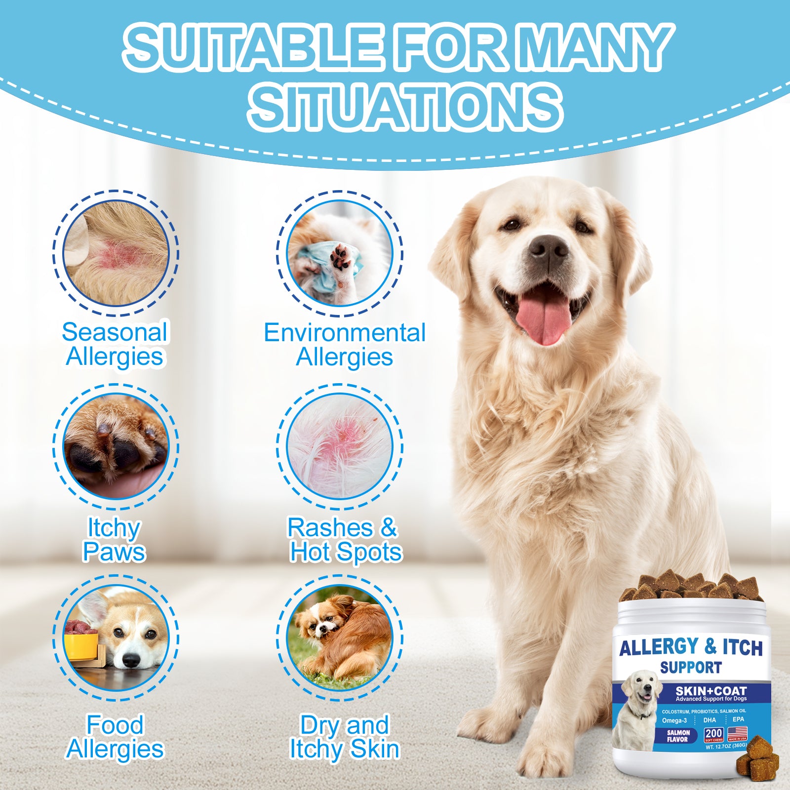 Allergy Chews for Dogs – Ultimate Itch Relief for Skin Allergies, Licking Paws, Hot Spots, Itchy Ears & Seasonal Allergies – Colostrum + Salmon Oil + Probiotics + Omega-3 – Vet-Formulated Anti-Itch Bites – All Breeds & Ages, Salmon Flavor, 200 Count