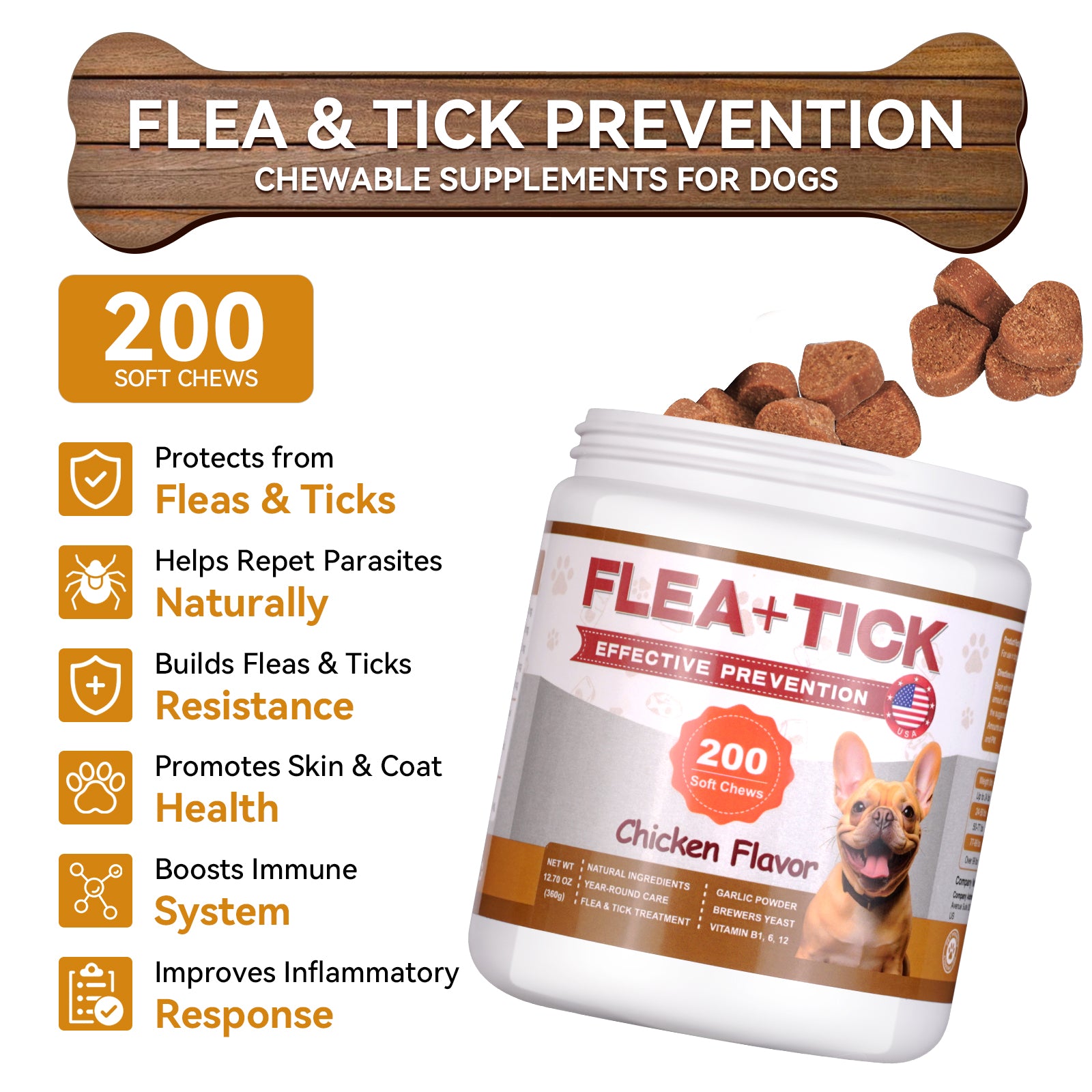FLEA & TICK KILLER CHEWS FOR DOGS – 200 SOFT CHEWS – NATURAL GARLIC + BREWER'S YEAST + VITAMIN B – NO HARSH CHEMICALS, NO COLLARS, NO SPRAYS – REPELS FLEAS, TICKS, MOSQUITOES, MITES, LICE & LARVAE – ALL BREEDS & AGES – CHICKEN FLAVOR