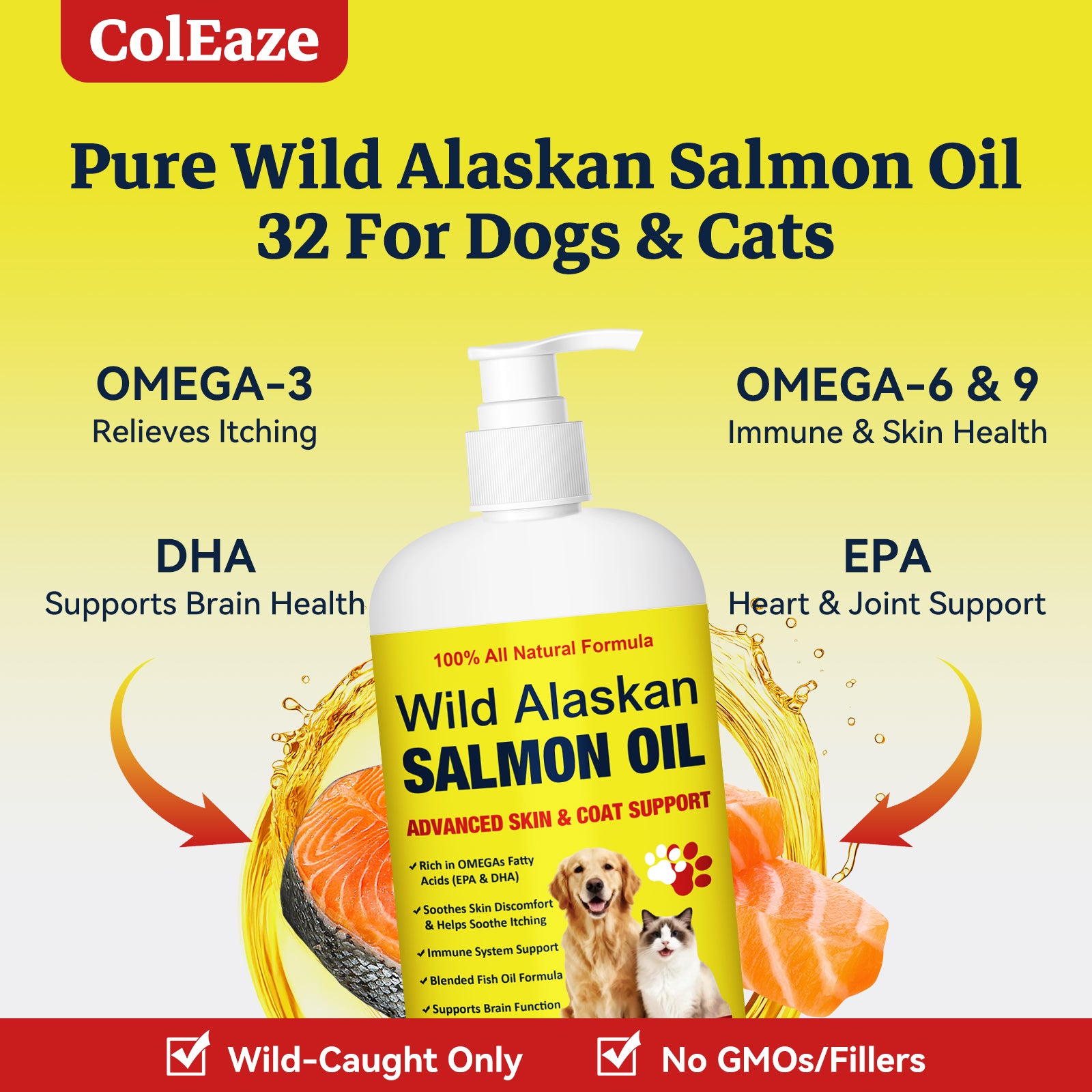 WILD ALASKAN SALMON OIL FOR DOGS & CATS – 32oz BIG BOTTLE – 99.9% PURE FAT – OMEGA 3-6-9 EPA DHA – STOPS ITCHING, SHEDDING & HOT SPOTS IN DAYS – SKIN, COAT, HEART, BRAIN, JOINTS & IMMUNITY – ALL NATURAL – NO FILLERS – VET APPROVED