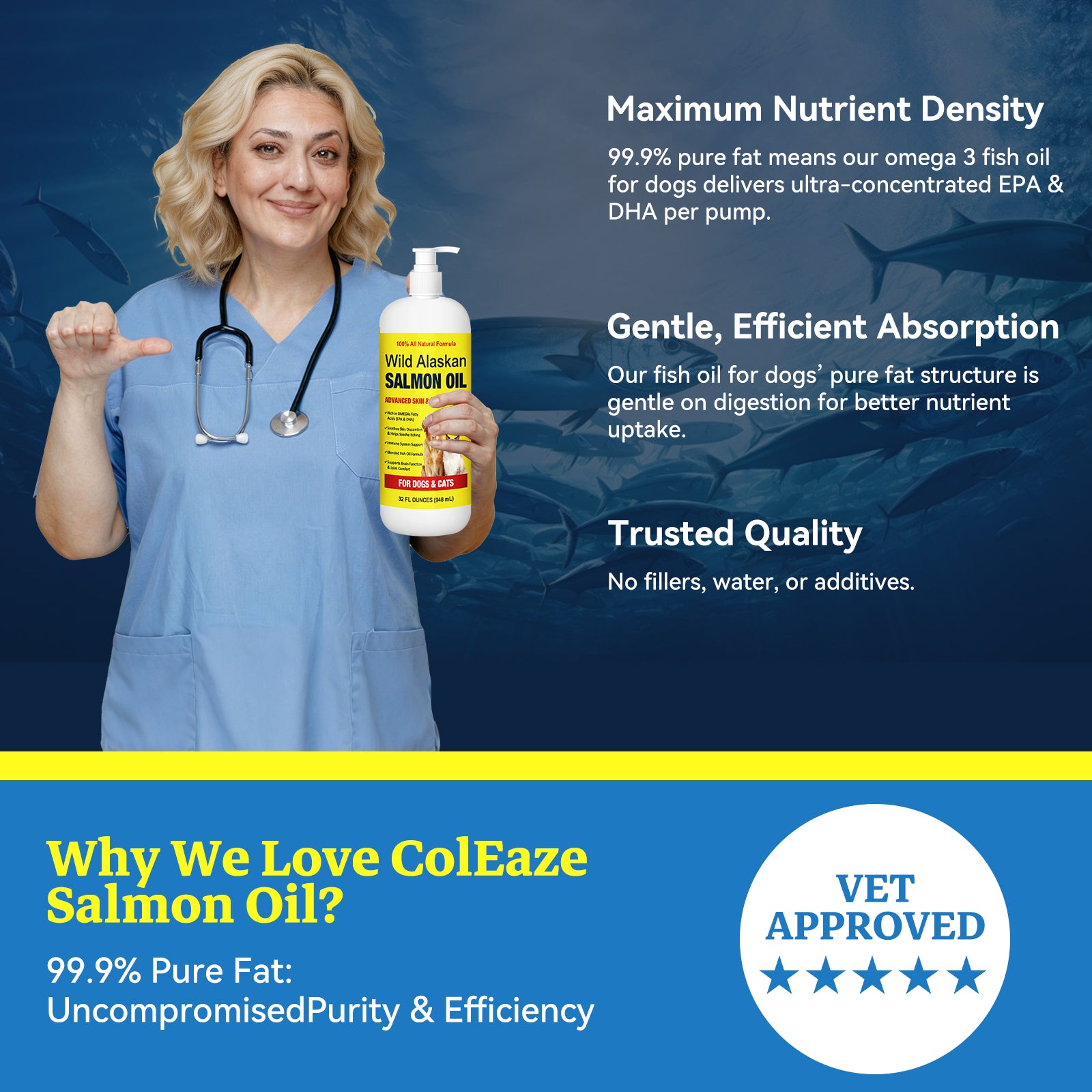 Wild Alaskan Salmon Oil for Dogs and Cats 32 oz Pump – Omega 3 Fish Oil with EPA & DHA Fatty Acids for Skin, Joint, Heart, Brain, Paws Health