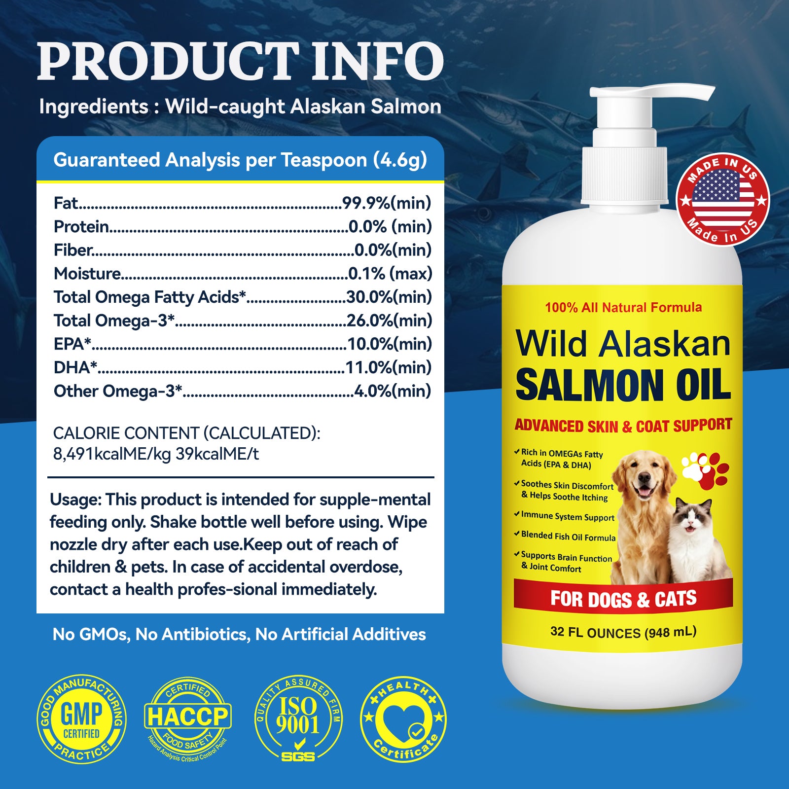 Wild Alaskan Salmon Oil for Dogs and Cats 32 oz Pump – Omega 3 Fish Oil with EPA & DHA Fatty Acids for Skin, Joint, Heart, Brain, Paws Health