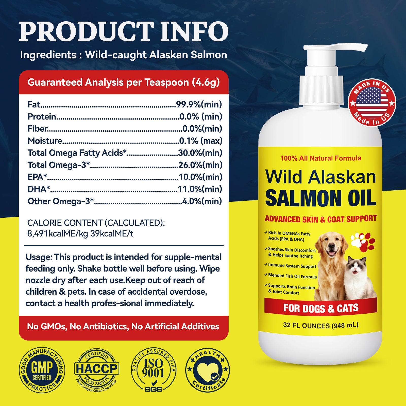 WILD ALASKAN SALMON OIL FOR DOGS & CATS – 32oz BIG BOTTLE – 99.9% PURE FAT – OMEGA 3-6-9 EPA DHA – STOPS ITCHING, SHEDDING & HOT SPOTS IN DAYS – SKIN, COAT, HEART, BRAIN, JOINTS & IMMUNITY – ALL NATURAL – NO FILLERS – VET APPROVED