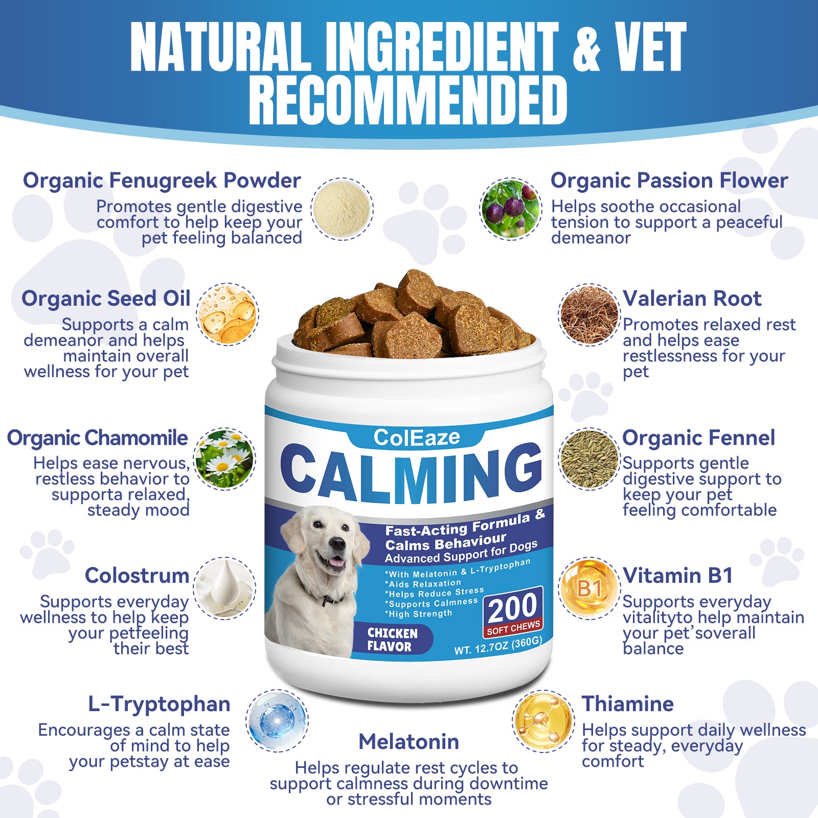 ColEaze Calming Chews for dogs – 200 Soft Chews of Nuclear Chill. Fast-Acting Melatonin + L-Tryptophan + 10 Natural Calming Agents. Destroys Anxiety from Fireworks, Thunder, Separation & Vet Visits. Zero Grain, Zero Sugar, Zero Weakness