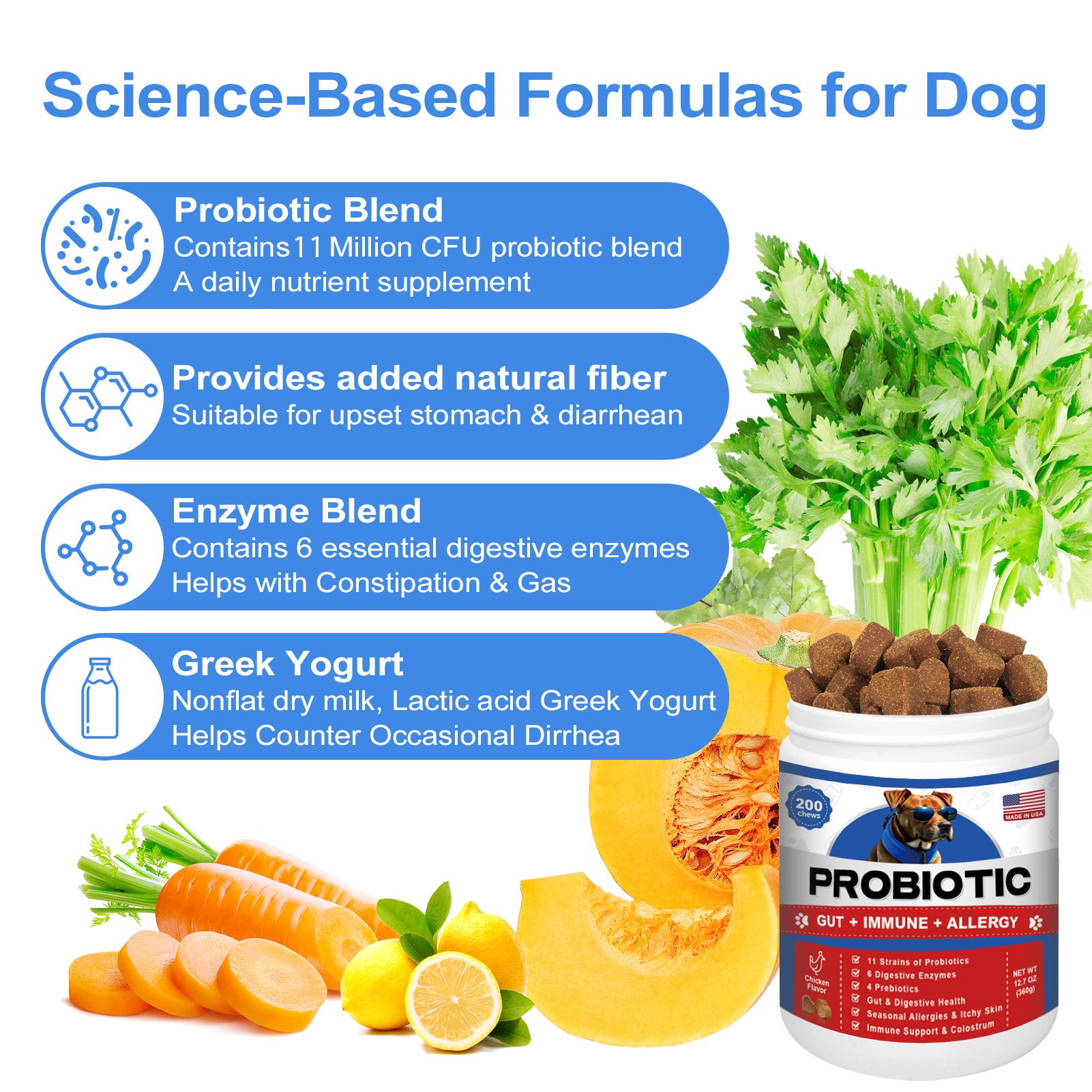 11 Billion CFU Probiotic Chews for Dogs – With 11 Strains + 6 Enzymes + 4 Prebiotics to Wipe Out Seasonal Allergies, Fix Leaky Gut & Unleash Peak Immunity, Chicken Flavor, 200 Count
