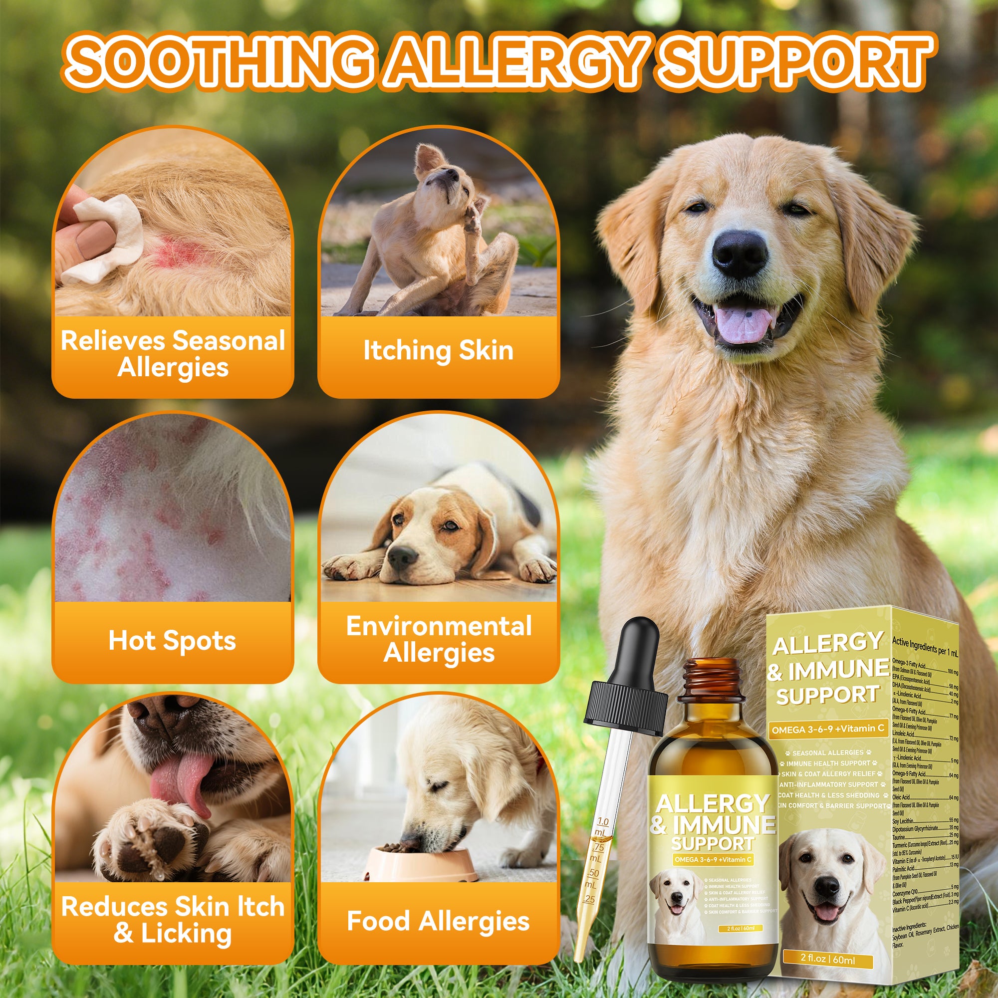 STOP Itching NOW! Advanced Allergy + Immune Relief Drops for Dogs – Omega 3-6-9, Turmeric, CoQ10, Vitamin C – Eliminates Skin Scratching, Hot Spots & Shedding – Liquid Formula Works in Hours, Not Weeks – 60ml