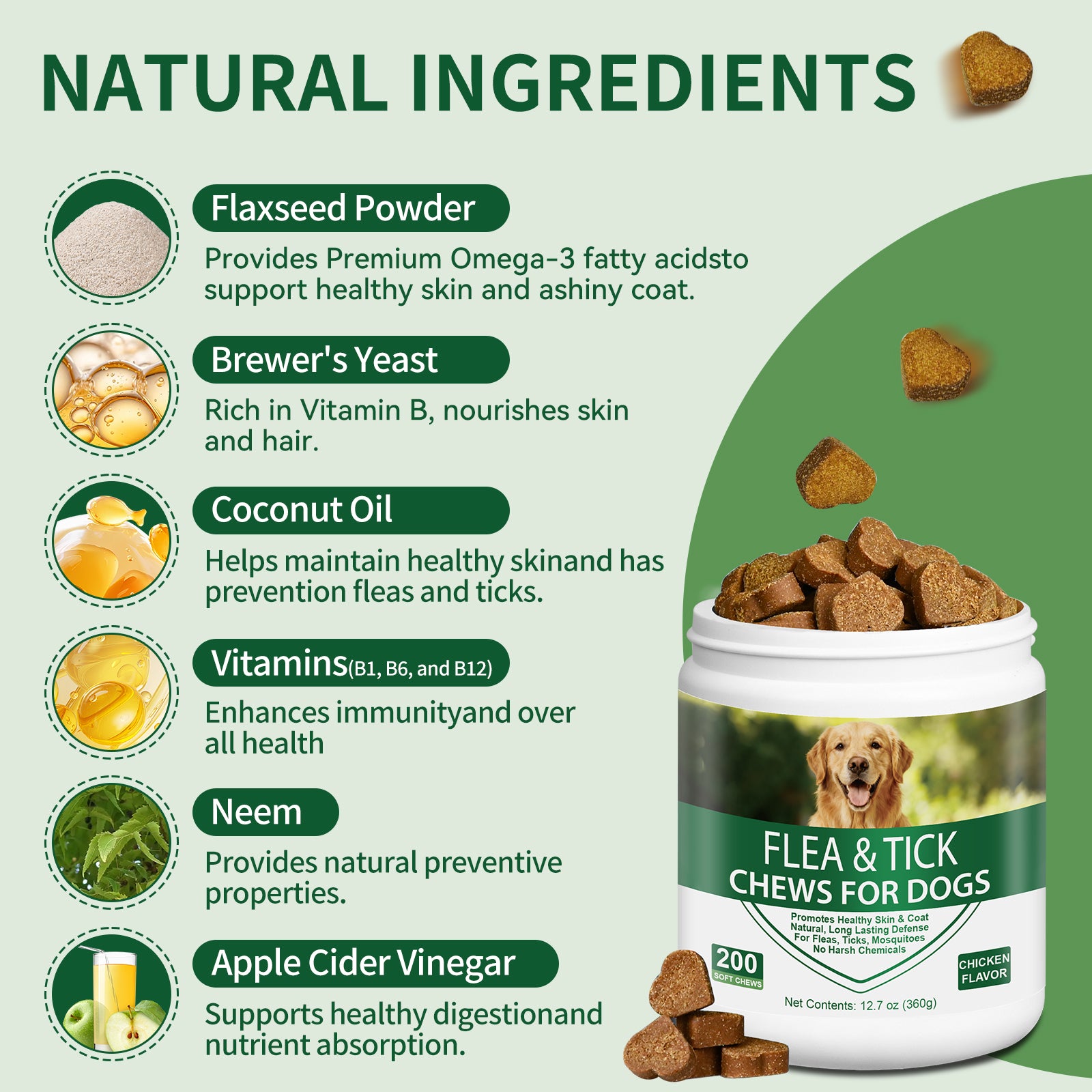 FLEA & TICK KILLER CHEWS FOR DOGS – NO HARSH CHEMICALS, NO COLLARS, NO MESS! Natural 6-in-1 Defense Against Fleas, Ticks, Mosquitoes, Mites & Lice – Promotes Healthy Skin & Shiny Coat – 200 Chicken Soft Chews – All Breeds & Ages