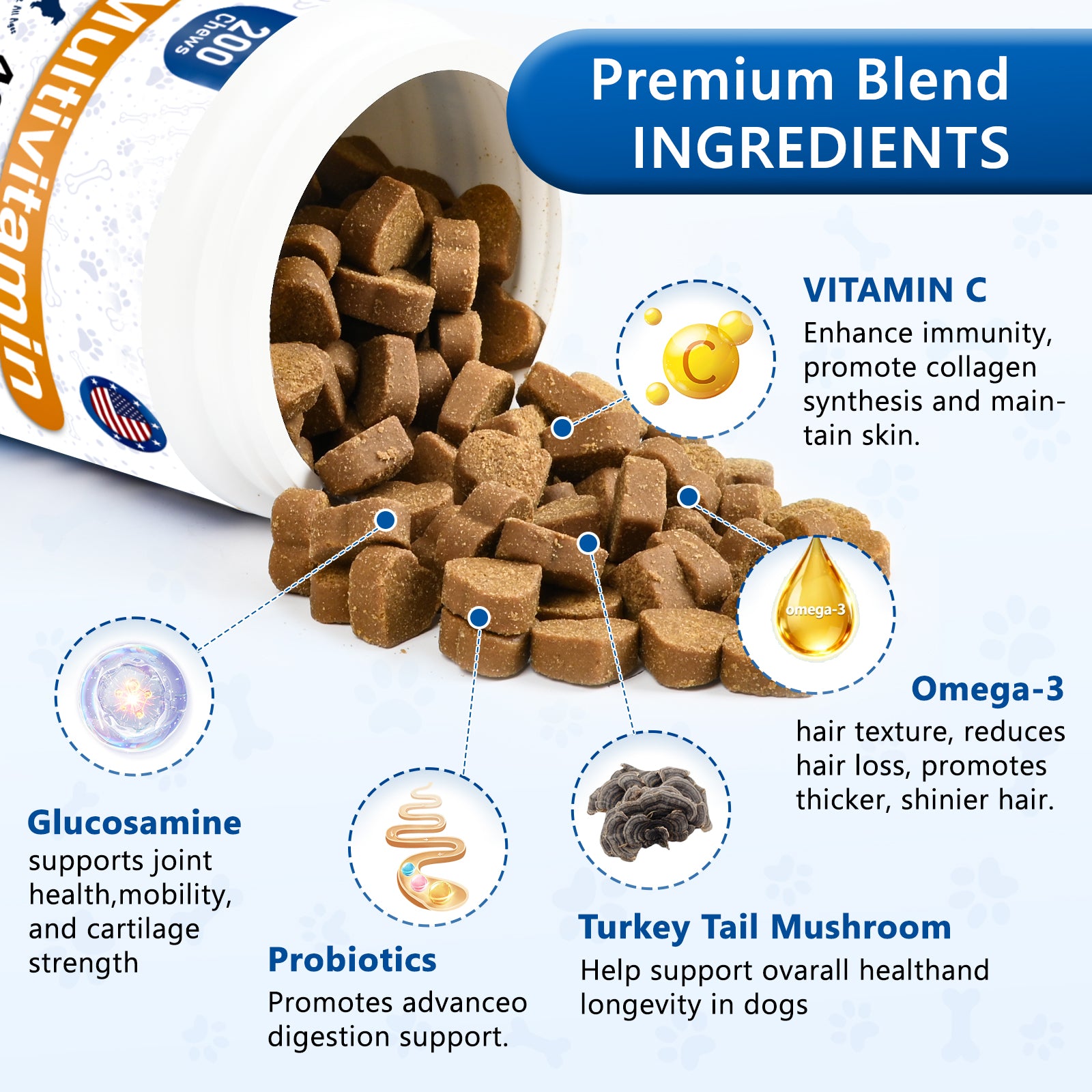ULTIMATE 40-in-1 Multivitamin Chews for Dogs – STOP Allergies, Shedding & Joint Pain! Probiotics + Omega-3 + Glucosamine + Turkey Tail Mushroom – Immune, Skin, Coat, Heart, Liver, Gut, Hip & Joint Support – 200 Chews, Chicken Flavor