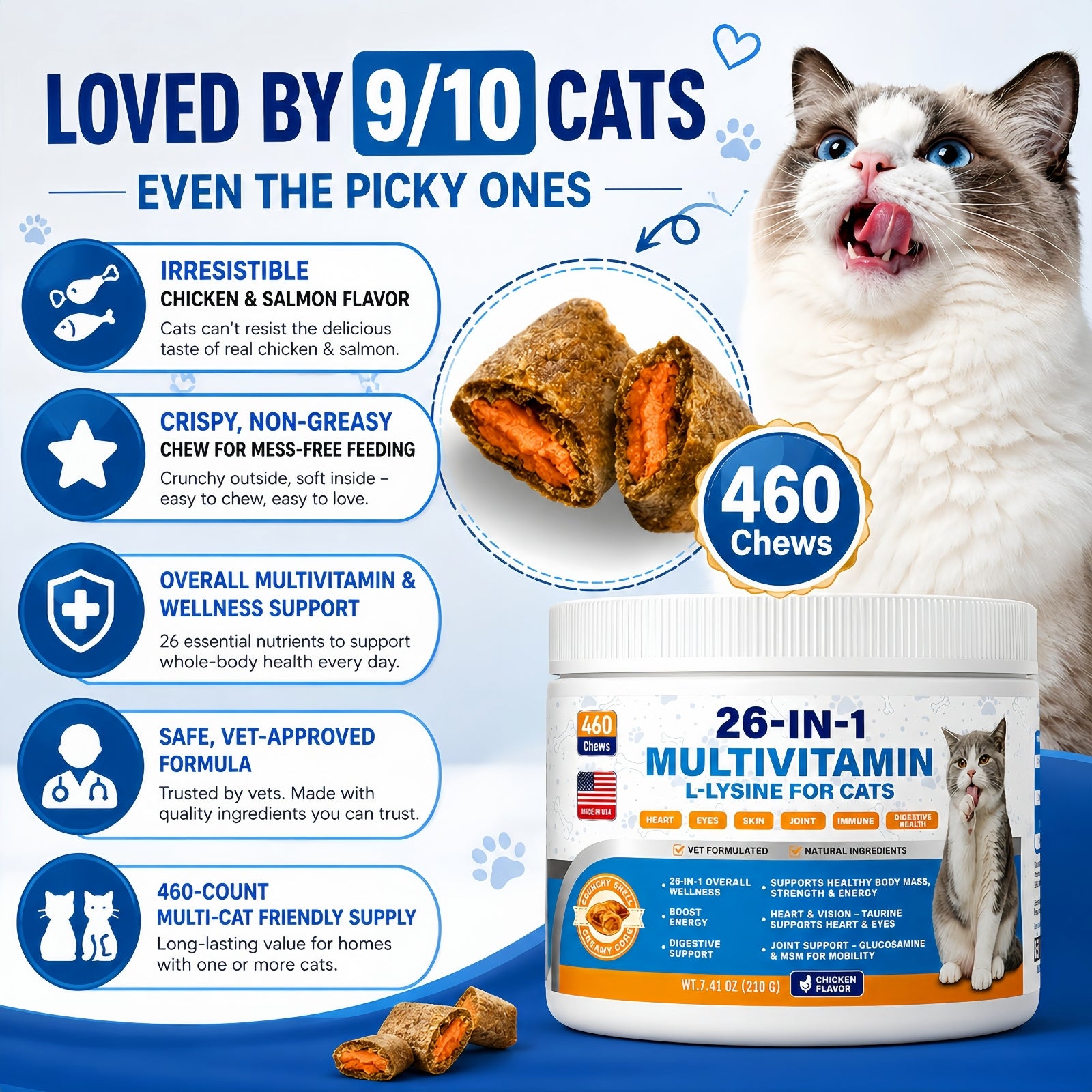 Cat Multivitamin Chews 26-in-1 Lysine & Taurine for Cats with Turmeric MSM Glucosamine, Omega Support Immune, Skin, Joint, Heart,Eyes, Cat Vitamis and Supplements for All Ages & Breeds