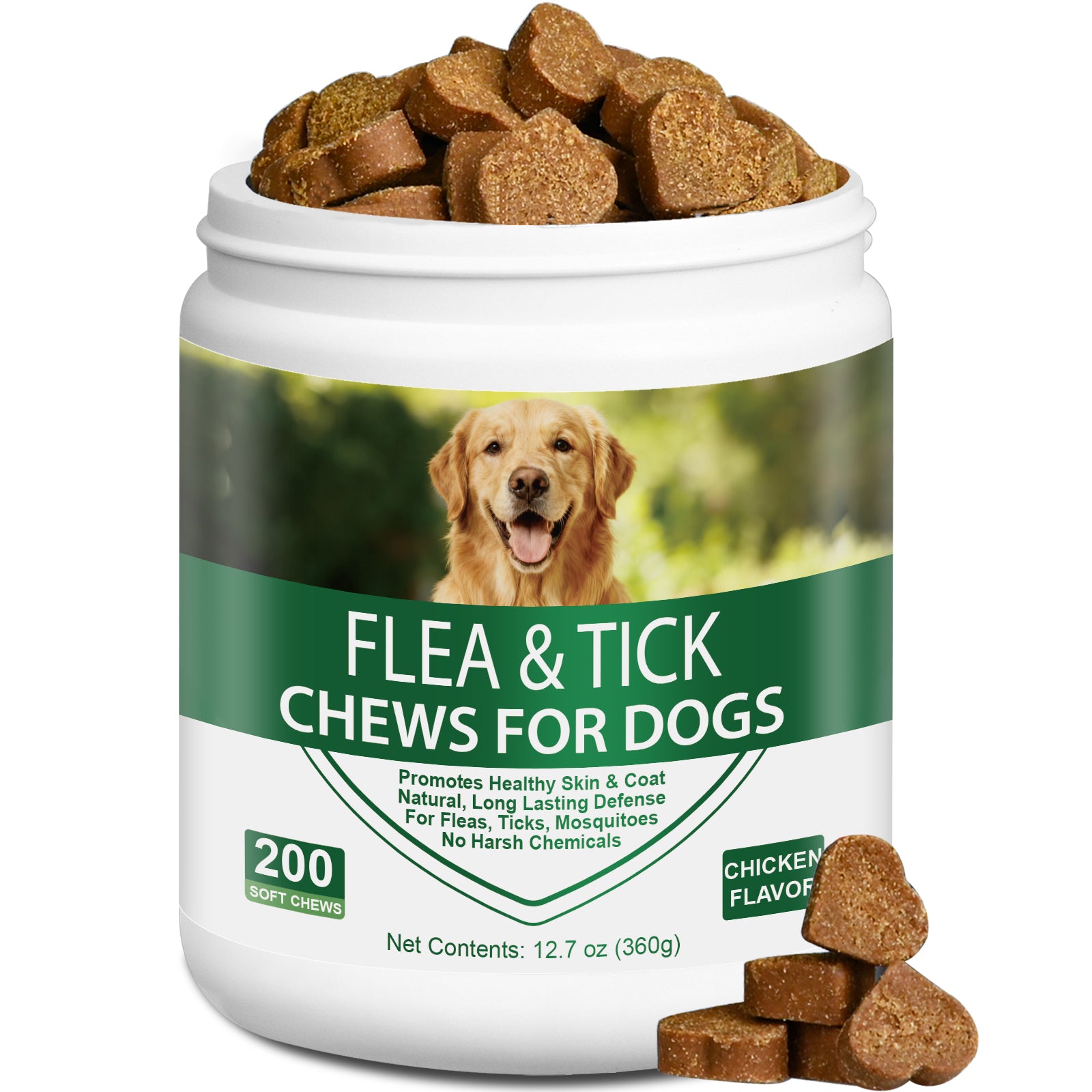 FLEA & TICK KILLER CHEWS FOR DOGS – NO HARSH CHEMICALS, NO COLLARS, NO MESS! Natural 6-in-1 Defense Against Fleas, Ticks, Mosquitoes, Mites & Lice – Promotes Healthy Skin & Shiny Coat – 200 Chicken Soft Chews – All Breeds & Ages