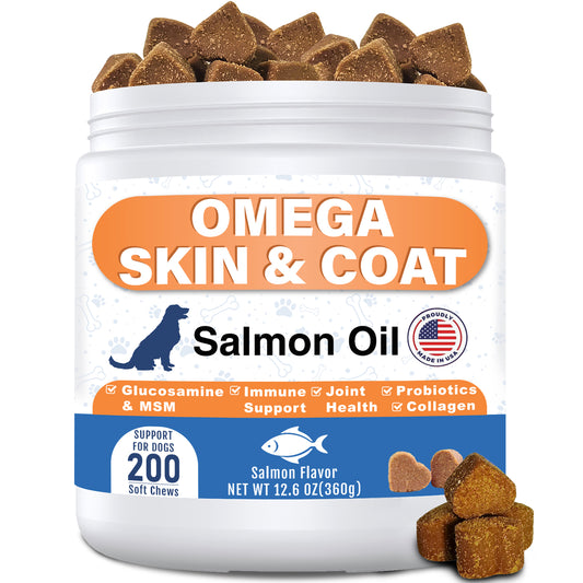 Omega 3 Fish Oil for Dogs - Dog Skin and Coat Chews with EPA & DHA, Wild Salmon Oil, Glucosamine, MSM, Collagen- Pet Fish Oil Supplement to Support Gut Joints Heart Eyes & Immune
