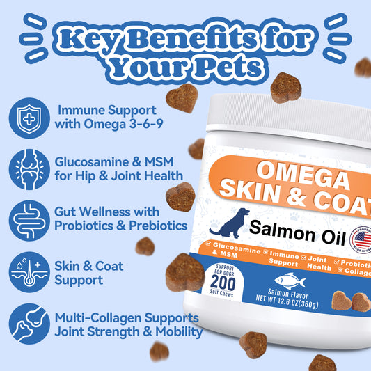 Omega 3 Fish Oil for Dogs - Dog Skin and Coat Chews with EPA & DHA, Wild Salmon Oil, Glucosamine, MSM, Collagen- Pet Fish Oil Supplement to Support Gut Joints Heart Eyes & Immune