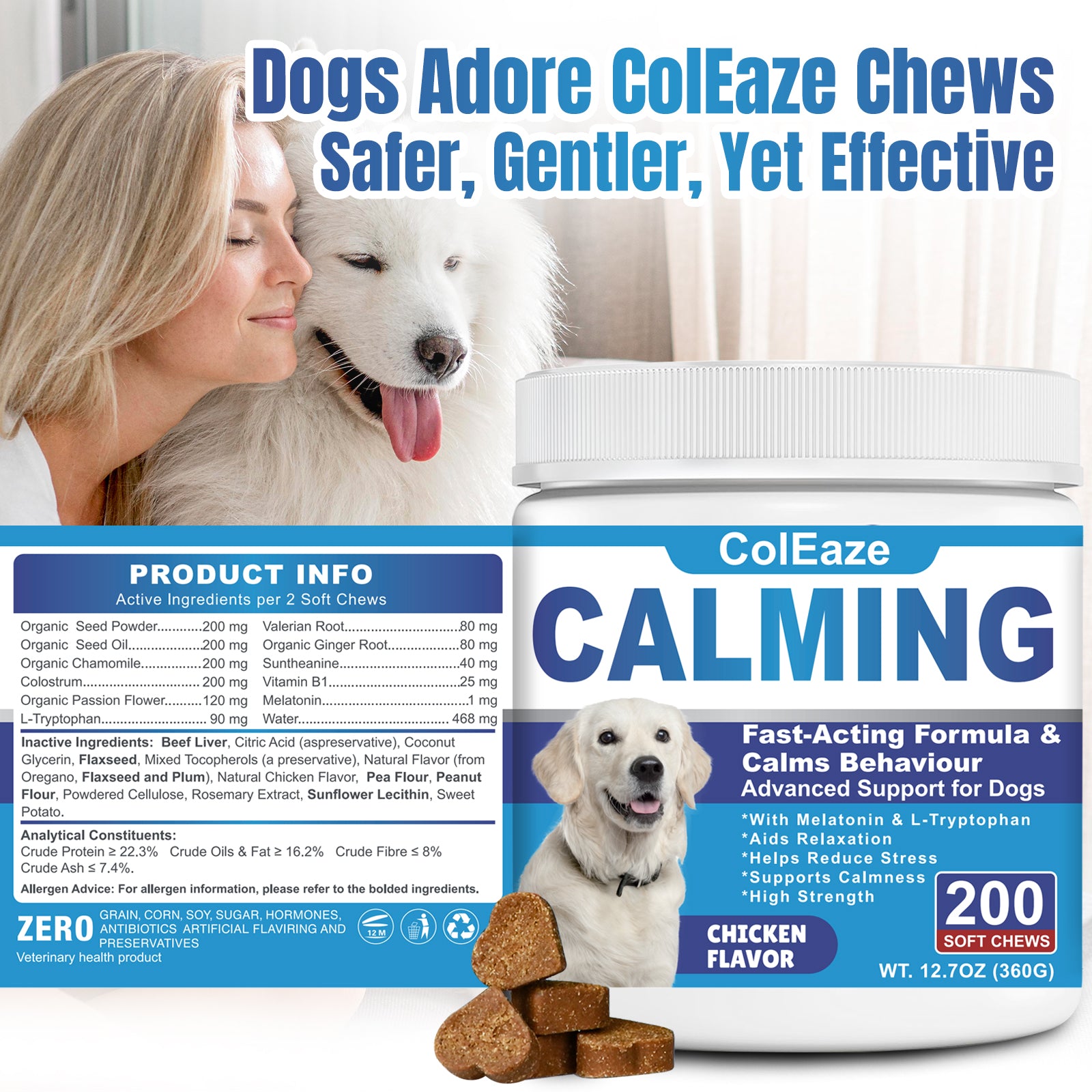 ColEaze Calming Chews for dogs – 200 Soft Chews of Nuclear Chill. Fast-Acting Melatonin + L-Tryptophan + 10 Natural Calming Agents. Destroys Anxiety from Fireworks, Thunder, Separation & Vet Visits. Zero Grain, Zero Sugar, Zero Weakness