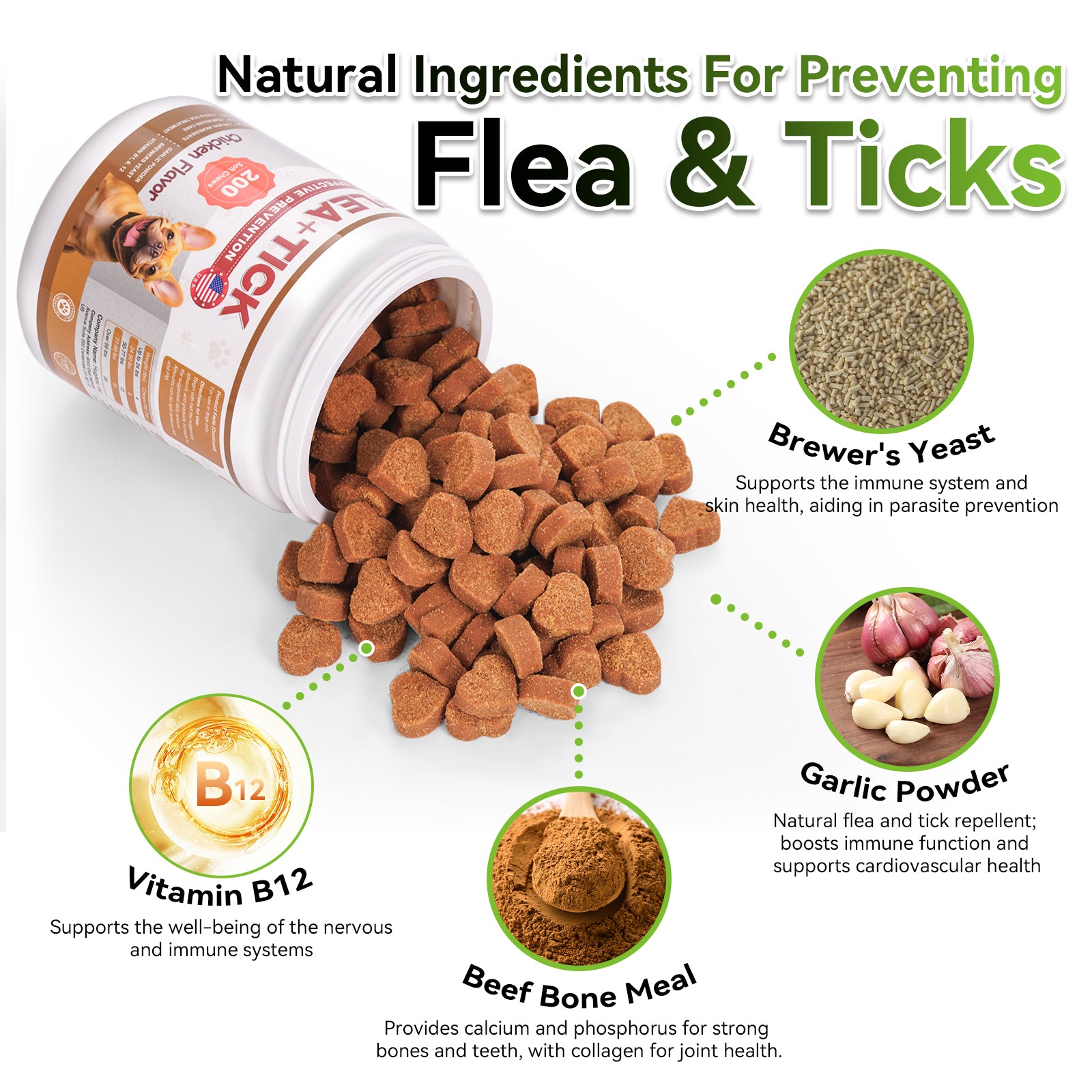 FLEA & TICK KILLER CHEWS FOR DOGS – 200 SOFT CHEWS – NATURAL GARLIC + BREWER'S YEAST + VITAMIN B – NO HARSH CHEMICALS, NO COLLARS, NO SPRAYS – REPELS FLEAS, TICKS, MOSQUITOES, MITES, LICE & LARVAE – ALL BREEDS & AGES – CHICKEN FLAVOR
