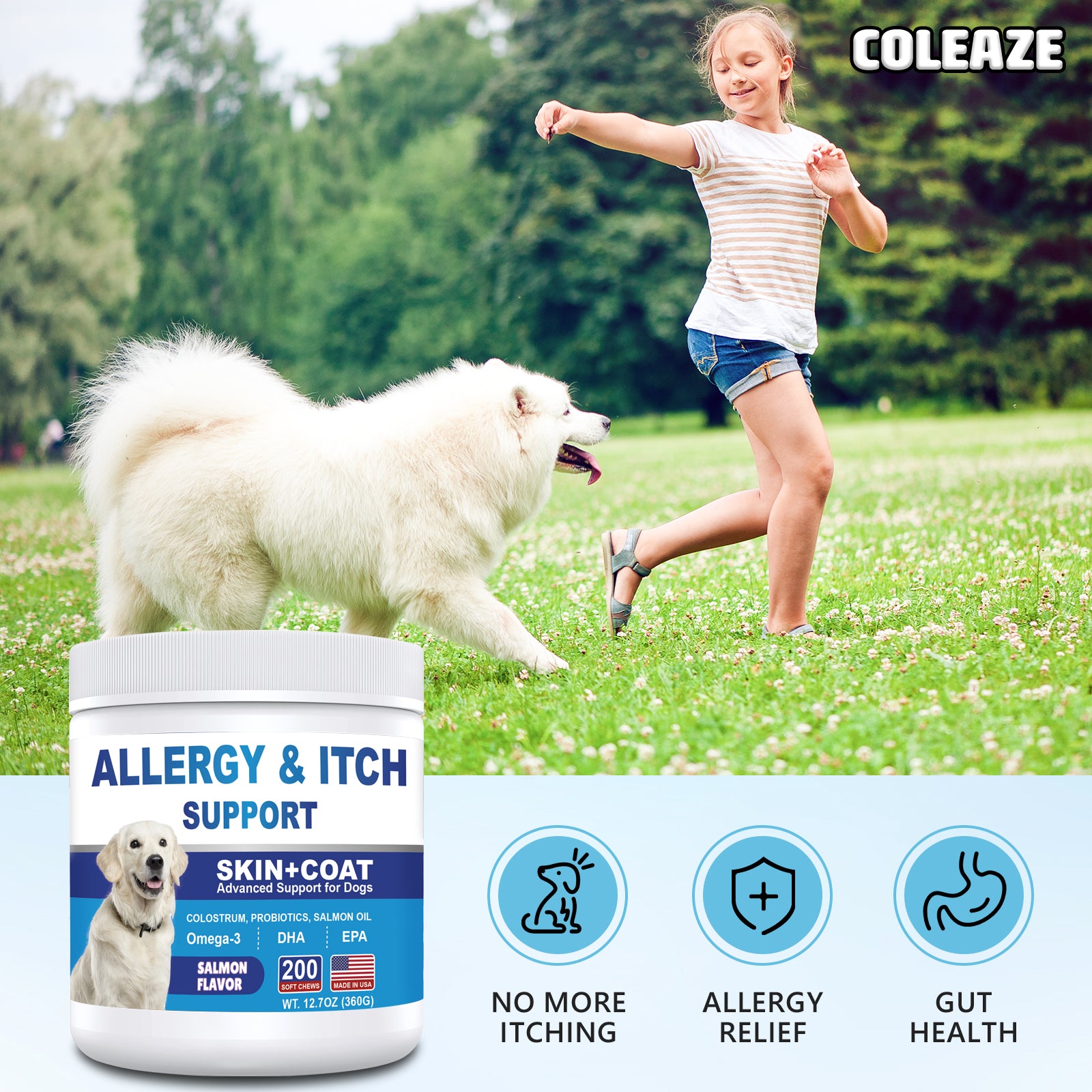 Allergy Chews for Dogs – Ultimate Itch Relief for Skin Allergies, Licking Paws, Hot Spots, Itchy Ears & Seasonal Allergies – Colostrum + Salmon Oil + Probiotics + Omega-3 – Vet-Formulated Anti-Itch Bites – All Breeds & Ages, Salmon Flavor, 200 Count