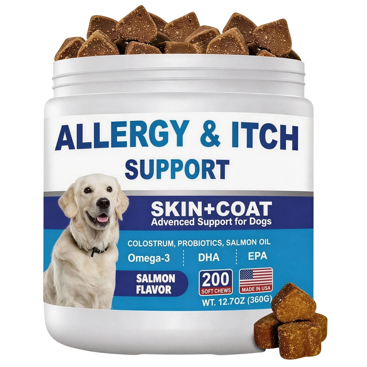 Allergy Chews for Dogs – Ultimate Itch Relief for Skin Allergies, Licking Paws, Hot Spots, Itchy Ears & Seasonal Allergies – Colostrum + Salmon Oil + Probiotics + Omega-3 – Vet-Formulated Anti-Itch Bites – All Breeds & Ages, Salmon Flavor, 200 Count