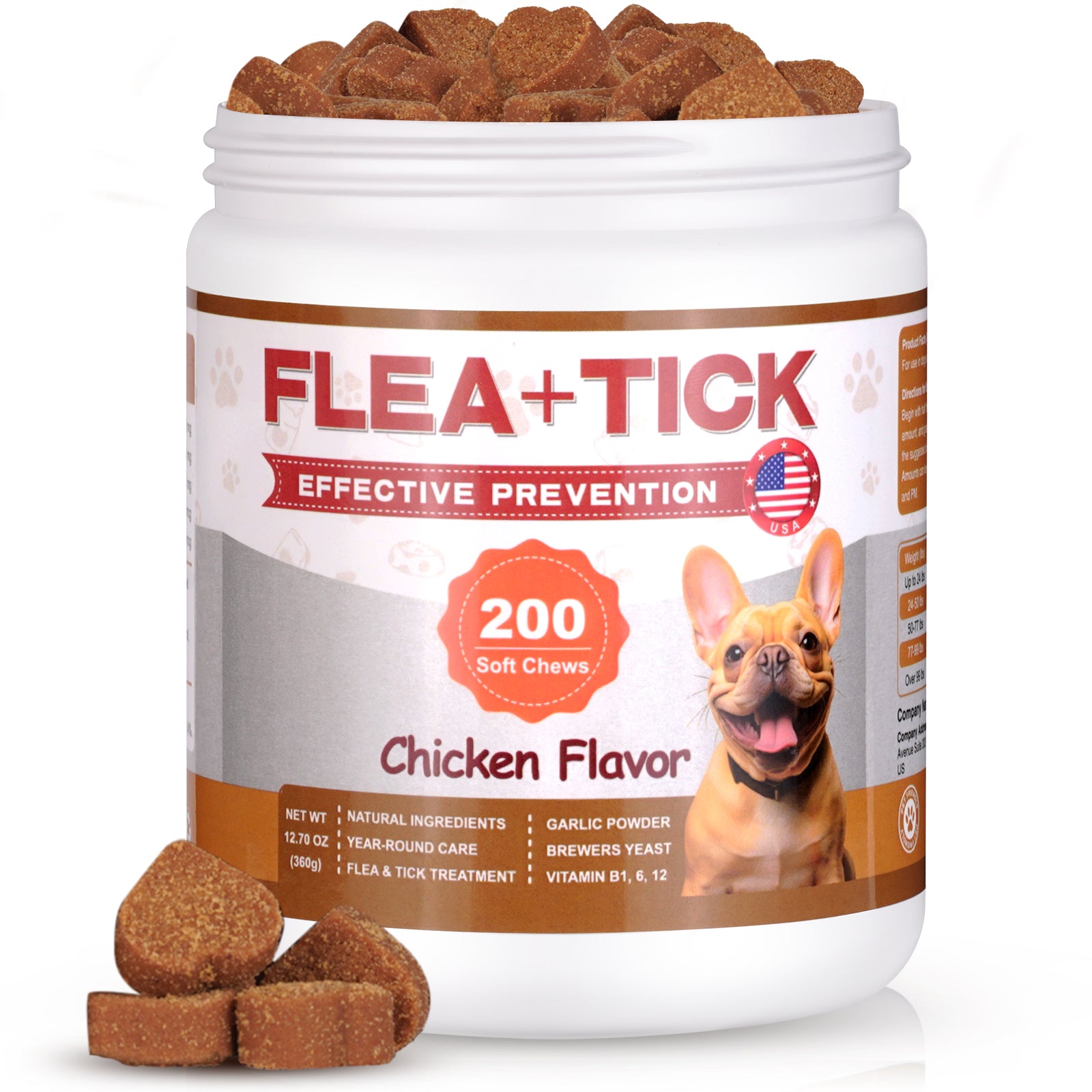 FLEA & TICK KILLER CHEWS FOR DOGS – 200 SOFT CHEWS – NATURAL GARLIC + BREWER'S YEAST + VITAMIN B – NO HARSH CHEMICALS, NO COLLARS, NO SPRAYS – REPELS FLEAS, TICKS, MOSQUITOES, MITES, LICE & LARVAE – ALL BREEDS & AGES – CHICKEN FLAVOR
