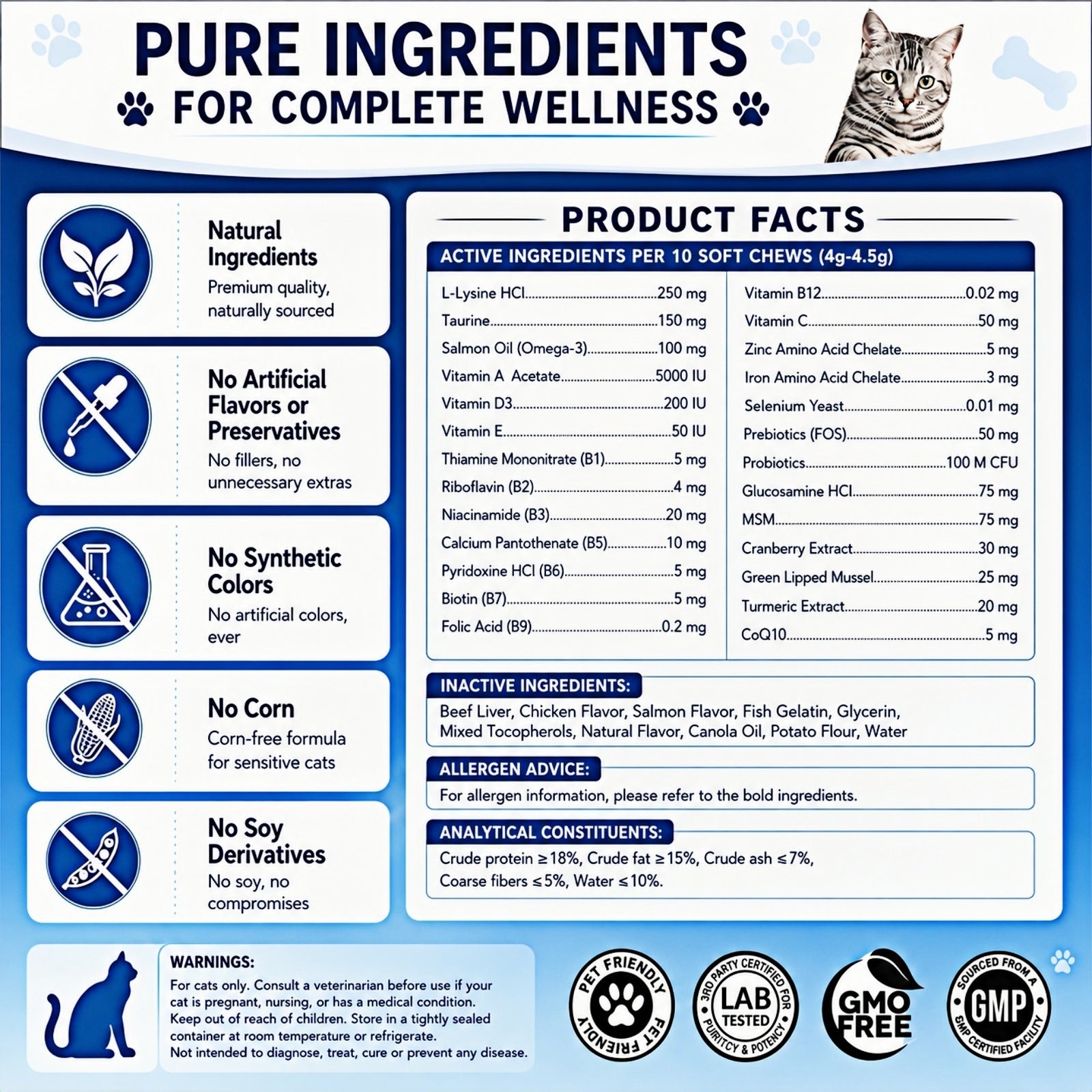 Cat Multivitamin Chews 26-in-1 Lysine & Taurine for Cats with Turmeric MSM Glucosamine, Omega Support Immune, Skin, Joint, Heart,Eyes, Cat Vitamis and Supplements for All Ages & Breeds
