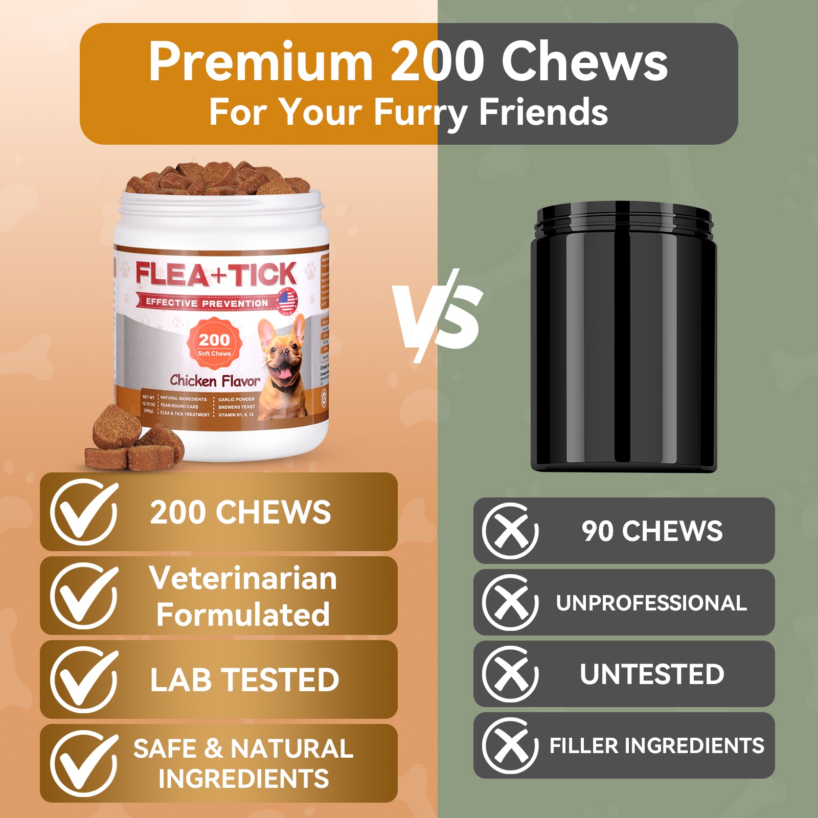 FLEA & TICK KILLER CHEWS FOR DOGS – 200 SOFT CHEWS – NATURAL GARLIC + BREWER'S YEAST + VITAMIN B – NO HARSH CHEMICALS, NO COLLARS, NO SPRAYS – REPELS FLEAS, TICKS, MOSQUITOES, MITES, LICE & LARVAE – ALL BREEDS & AGES – CHICKEN FLAVOR